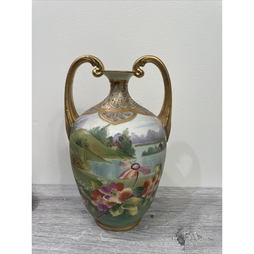 Nippon Hand-Painted Gilded Double Handled Vase 1910‎ Floral With Enamel 11 1/4